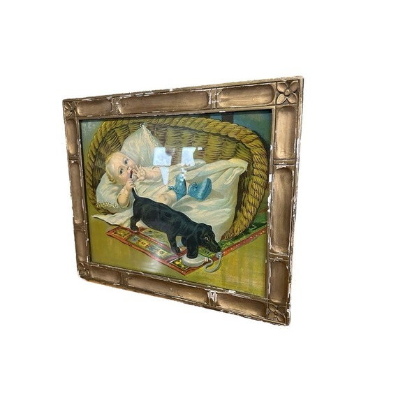 Framed lithograph 1911 baby and dog An Even Exchange - Picture 5 of 12
